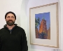 Hilmar Noerenberg vor seiner Arbeit St. Nikolai Stralsund, Türme im Foyer des Rathauses